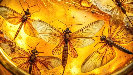 Fossilized insects trapped in amber with delicate wings, fossil, amber, insect preservation