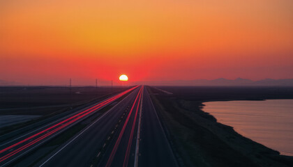 Obraz premium Blurred rays of light from cars passing along the highway at dawn. View from above. Scenery.