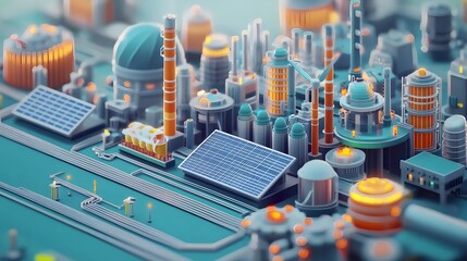 Industrial machines running on renewable power sources like solar panels and wind energy, reducing carbon emissions