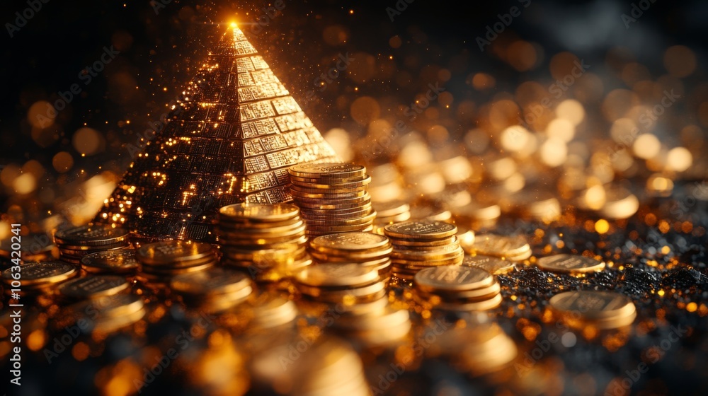 Poster a radiant golden pyramid stands prominently in the center, surrounded by an array of shimmering coin