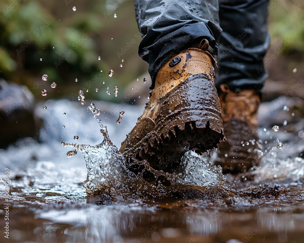 Poster adventurous hiker s muddy boot crossing splashing river in wilderness