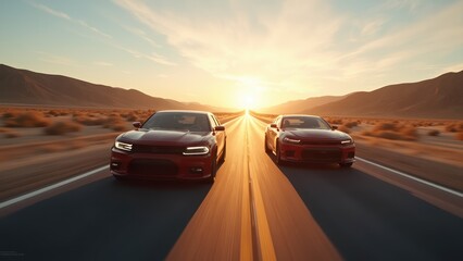 Two red cars are driving down a road at sunset