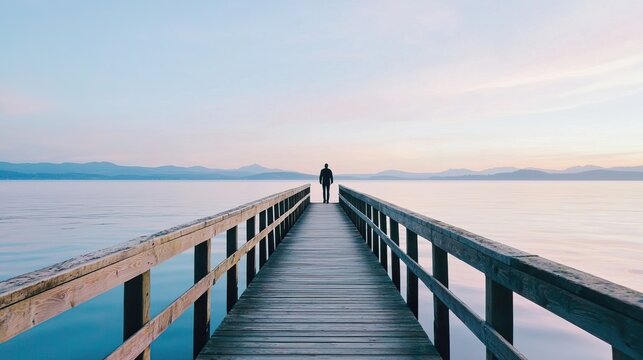 A serene pier extends into calm water, with a silhouetted figure standing at the end, capturing a moment of solitude at sunset.