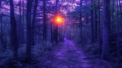Amazing Sunset Purple, Forest, and Twilight shown in a dense forest where the setting sun casts a purple hue, with twilight descending as the day fades into night