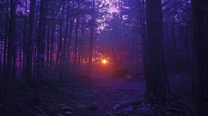 Amazing Sunset Purple, Forest, and Twilight shown in a dense forest where the setting sun casts a purple hue, with twilight descending as the day fades into night