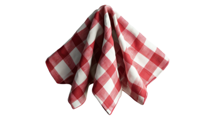 A red and white checkered cloth is folded into a triangle isolated on transparent or white background, png