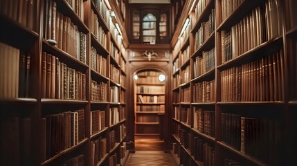 Classic Law Library with Warm Lit Shelves of Scholarly Legal Tomes