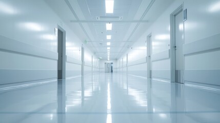 Fototapeta premium An empty hospital corridor, spotless and clean, with bright lights and white walls, creating a serene and quiet atmosphere.