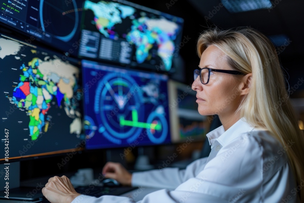 Aufkleber focused analyst monitoring global data on multiple screens in a modern control room