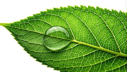 Obraz premium Green leaf with water drop isolated on white background with clipping path, low angle view