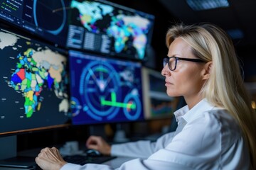 Focused analyst monitoring global data on multiple screens in a modern control room