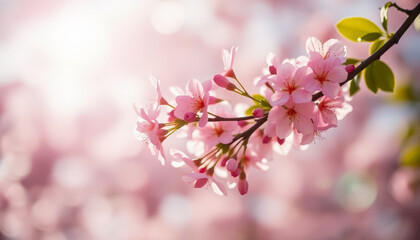 Fototapeta premium Sakura. Branches with pink flowers on a plain background for publications.