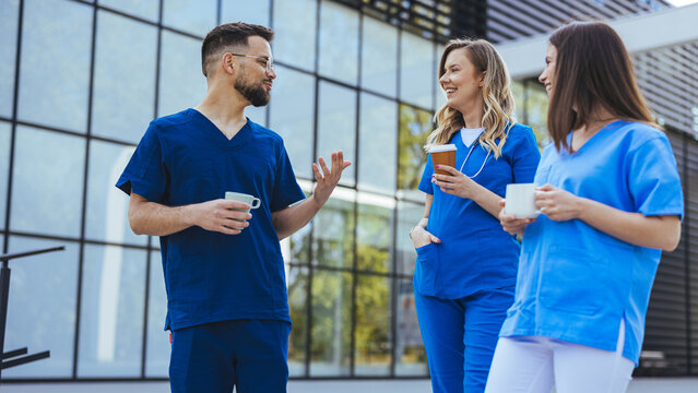 Healthcare Professionals Taking a Break Outside the Hospital