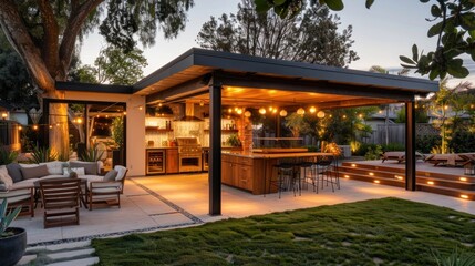 Fototapeta premium An outdoor eating area and kitchen are illuminated once the sun goes down.