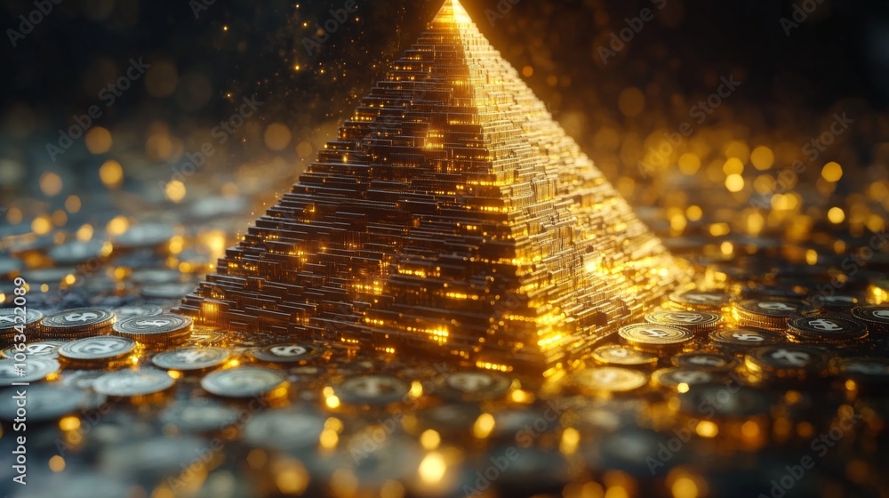 Poster a shimmering golden pyramid stands prominently in the center, surrounded by a multitude of gleaming 