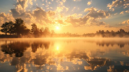 Fototapeta premium A breathtaking sunrise over a tranquil lake, with golden rays