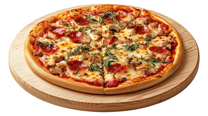 A pizza with pepperoni and mushrooms on a wooden board isolated on transparent or white background, png