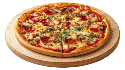 A pizza with pepperoni and mushrooms on a wooden board isolated on transparent or white background, png
