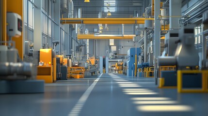 Industrial plant with separate lanes for electric and traditional machinery, emphasizing reduced emissions