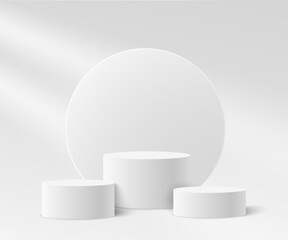 White circle podium and window light blur on white wall, pedestal and platform, column platform pillar, round empty stages and podium stairs 3d template for product presentation