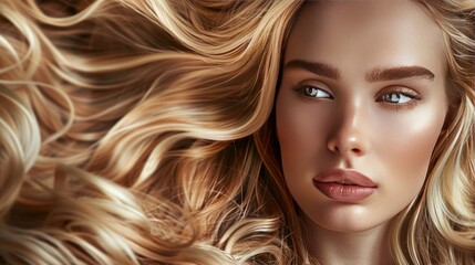 Beautiful blonde girl with long, shiny waves, highlighting her luxurious hair in a beauty-focused fashion scene