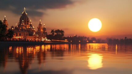 Obraz premium A riverside temple bathed in the soft glow of the setting sun, with reflections in the water