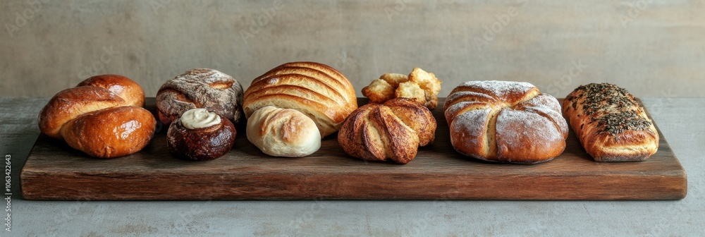 Poster a variety of warm, freshly baked breads and pastries are artfully displayed on a rustic wooden board