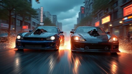 Two cars are driving down a city street at night