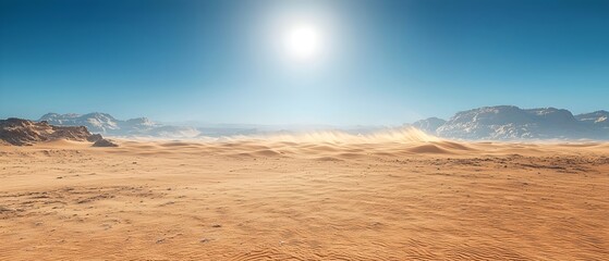 Fototapeta premium A stunning desert landscape under a bright sun, showcasing vast sandy dunes and distant rugged mountains, creating a serene and arid atmosphere.