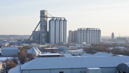 There is a grain silo in the foreground