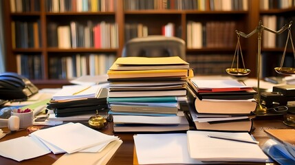 Fototapeta premium Lawyer's Desk with Open Case Files,Legal Documents and Scales in Legal Practice Environment