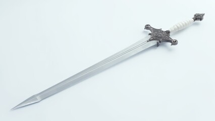 A silver sword is laying on top of the white background