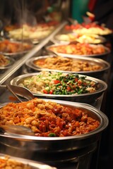 Fototapeta premium An array of colorful dishes displayed at a bustling market, appealing to food enthusiasts.