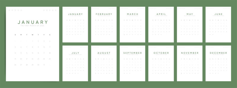 2025 Calendar, Vector Calender Template, 12 Month Planner with Sunday Start for 2025. Green Office and Home Design.
