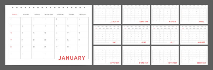 Calendar template for 2025 year. Week starts on Sunday. horizontal orientation, A4 size. rentable vector calendar planner 2025 template.