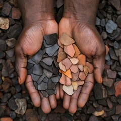 Two hands holding different colored stones against a textured background.