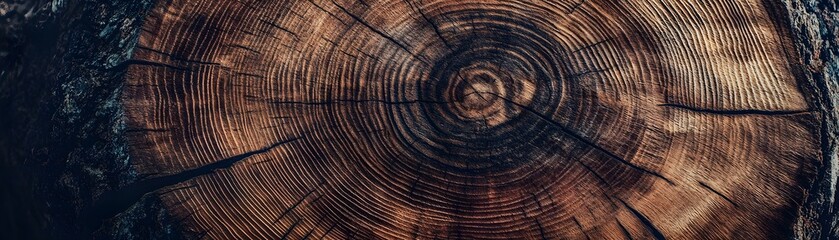 Fototapeta premium Close-up of a tree trunk's cross-section revealing intricate growth rings and dark cracks.