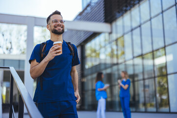 Happy Medical Professional Enjoying A Coffee Break Outdoors