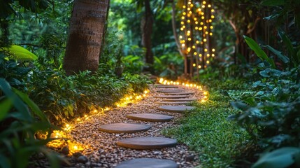 Naklejka premium A Serene Pathway Through a Tropical Garden