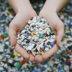 Hands holding colorful plastic fragments against a backdrop of recycling material.