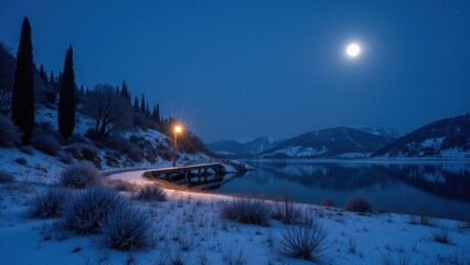 The moon is shining over a lake at night