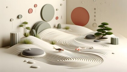 A 3d rendered minimalist background inspired by Zen philosophy, focusing on simplicity and nature. Smooth, flowing shapes (like raked sand in a Zen garden) blend with symbols like bonsai trees.