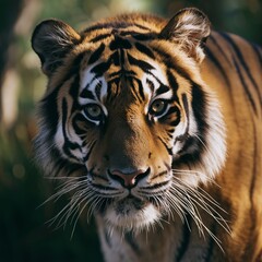 Fototapeta premium A powerful tiger locks eyes with an intense stare, its striking fur patterns highlighted amidst jungle greenery.