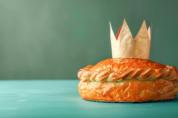 Epiphany kings cake with a golden paper crown