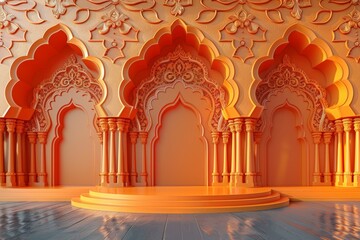 Obraz premium An elegant empty podium surrounded by intricate Ramadan ornaments, set against a minimalist backdrop that highlights the beauty of the season