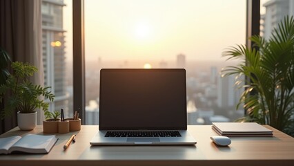 A laptop sits on the desk in front of the window