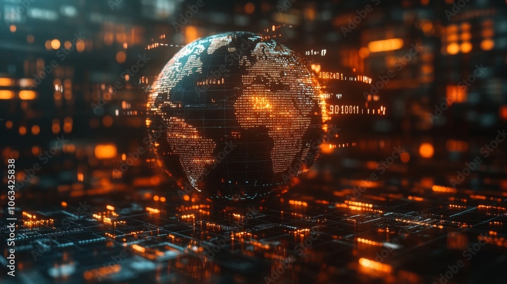 Poster A glowing digital globe is displayed amidst abstract circuitry and data streams, symbolizing the intersection of technology and global connectivity. The futuristic setting emphasizes innovation.