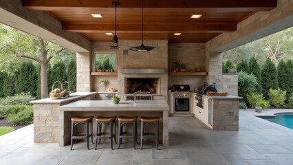 An outdoor kitchen with a fireplace
