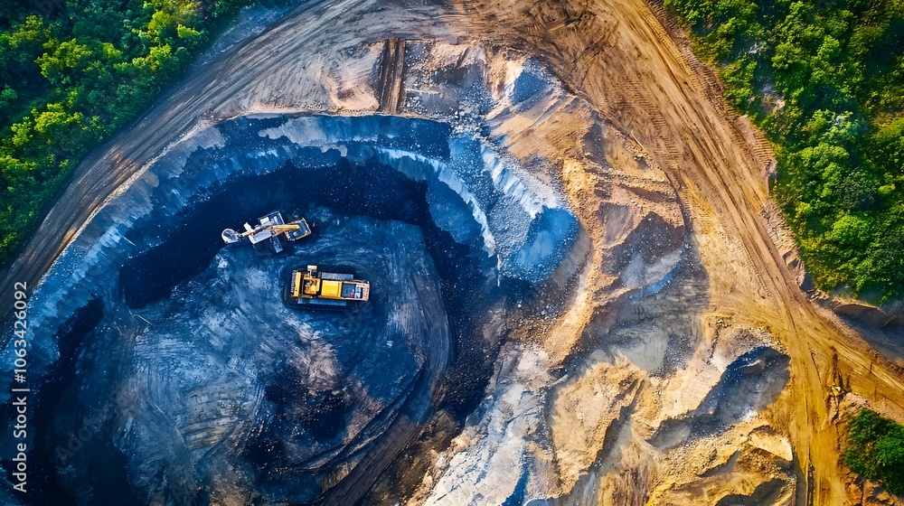 Aufkleber aerial view of open-pit coal mining with excavation equipment and visible earth layers
