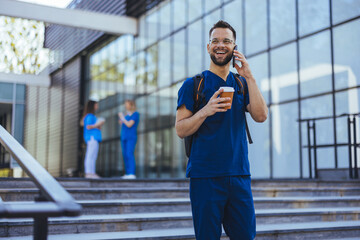 Smiling Medical Professional Walking and Talking on Phone
